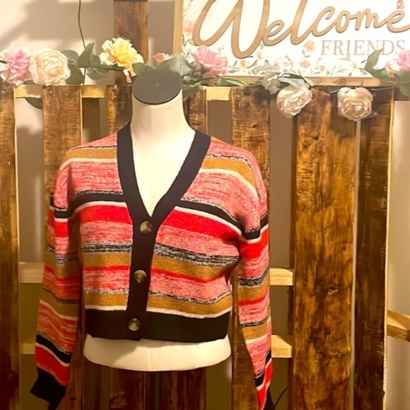 Bp sweater woman’s black mark stripe red brown cardigan button New size XXS - Picture 3 of 6